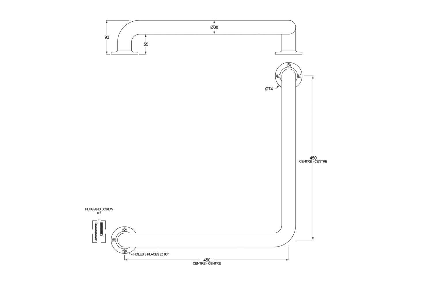 CB | L Shape Hand Rail - 450mm x 450mm Centre to Centre - General ...