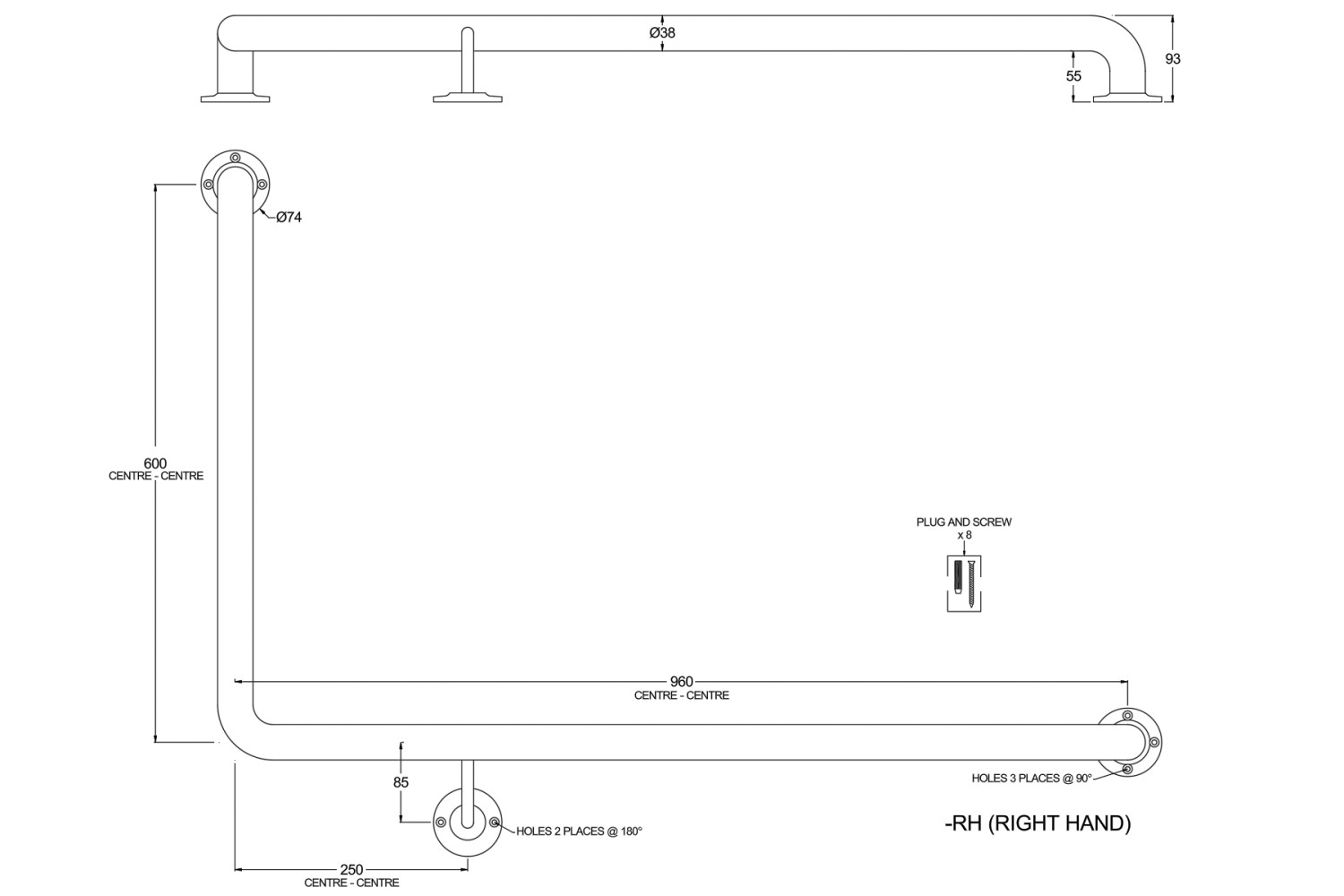 CB | L Shape Hand Rail - 960mm x 600mm Centre to Centre - Hand Rails ...