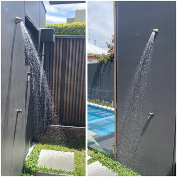 Photo: Spray example image of BA2031 at 2 metres from ground level. Example image is in Weathered Brass (WB) finish.<br/>Example shown paired with Roulette Lever Wall Mixer with Small Cover Plate (CB7501-RL-WB), sold separately.
