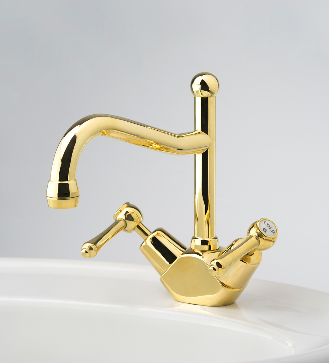 Olde Adelaide Basin Duo Mixer with Swivel Spout & Roulette Lever Handles in Antique Brass