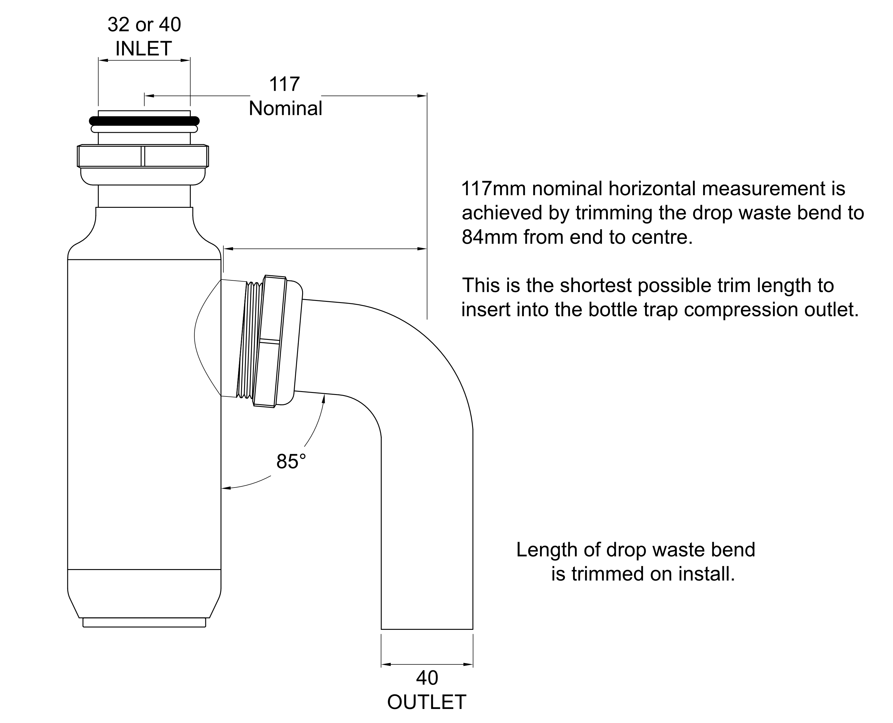 32 or 40 CTS Easy Fix Bottle Trap with 40 CTS Drop Waste Bend Span Reference Drawing