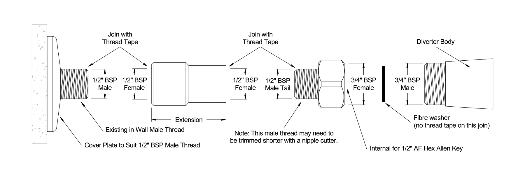 Adding an extension to a 9481, 9482 or 9483 Exposed Diverter Set where the in wall fittings are Male 1/2