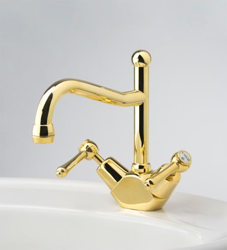 Olde Adelaide Basin Duo Mixer with Swivel Spout & Roulette Lever Handles in Antique Brass