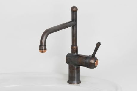 Roulette Lever Flick Mixer with Sink Victor Outlet in Florentine Bronze with Dull Copper Trim immediately after manufacture