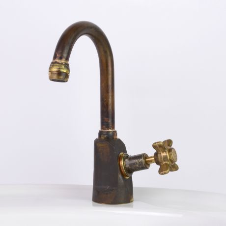 Heritage Drinking Water Pillar Tap with Swivel Gooseneck Outlet in Raw Brass with Engraved Button Upgrade