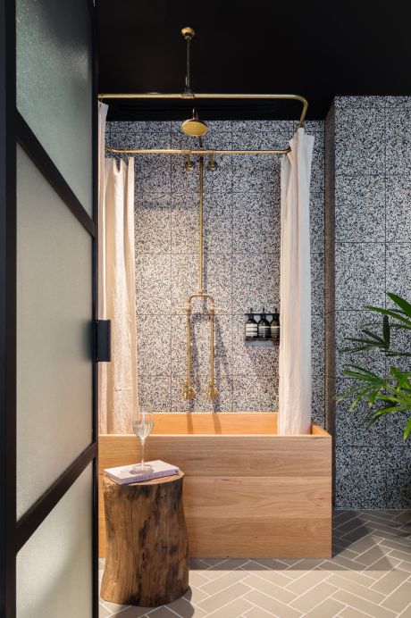 Roulette Lever Tubular Bath/Shower Set with Engraved Buttons & Custom Shower Curtain Rail in Raw Brass Finish