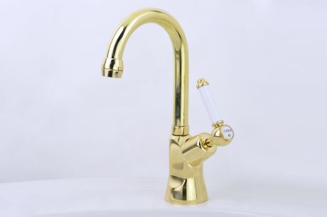 Roulette Lever Drinking Water Pillar Tap with Swivel Gooseneck Outlet in Polished Brass finish with White Lever Colour Insert Upgrade