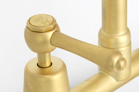 Roulette Lever Exposed Hob Sink Set with Top Taps & Swivel Gooseneck Outlet in Satin Antique Brass with Engraved Buttons