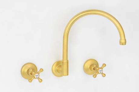Roulette Wall Sink Set with Gooseneck Outlet in Satin Antique Brass